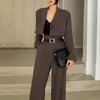 Calças femininas de duas peças para escritório, blazer feminino, conjunto vintage de duas peças, blazer feminino, manga longa, cintura alta, perna larga, calças compridas, roupas de 2 peças 230630