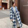 T-shirt Deat Woman Woolen Coat Blue Plaid Color Block With Sashes Vintage Style Lapel Collar Loose Jackets 2023 Autumn Fashion 15AK065