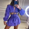 Two Piece Dress Fandy Lokar V Neck Short Tops Suit Fashion Lace Up Solid Suit Elegant Ruffle Mini Skirts Female Ladies 230630