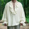 Herrpolos renässansskjorta Kostym Ruffled Long Sleeve Men Shirts Lace Up Medieval Steampunk Pirate för Cosplay Stage Drama 230630