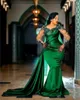 Arabic ASO Prom Ebi Dark Green Mermaid Vestidos de noche de manga larga Apliques de encaje de manga larga Fiesta de cuello de joya Segunda recepción de talla grande BC