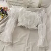 Koszulka damskiej bluzki Solidna szyja Długie puchanie rękawa wysoka talia francuskie falbany siatkowe lub wiosenne żeńskie bluzka mody 230630