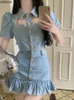 Two Piece Dress Chic Denim Suit Sexy Love Pocketshirt Crop Tops Mini Ruffles Skirts Outfits Female Elegant Cowboy 2 Set 230630