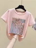 Débardeurs pour femmes Camis rose été t-shirt haut pour femme t-shirt blanc vêtements coréens à manches courtes décontracté violet paillettes diamant t-shirt Femme 230630