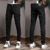 Jeans Painted Damage Manchas Desgastadas Manchas Skinny Fit Preto Vintage Biker Fit Denim277W