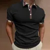 Polos masculinos 2023 masculinos casuais de manga curta Henry Tshirt xadrez de cor sólida elemento impresso em 3D com três botões POLO 230630