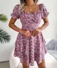 Women Casual Floral Print Short Sleeve Slim Waist Ruffles A Line Dress Summer Clothing