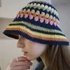 Koreansk kontrastfärg Rainbow Bucket Hat Women Handmade virkning Bomullsfiskare Hat Summer Girls Travel Vacation Beach Sun Hat