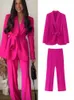 Women's Two Piece Pants TRAF Women 2023 Elegant Blazer Suits Sets Fashion Long Sleeve Jacket With Belt Solid High Waisted Baggy Wide Leg 230630