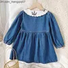 Abiti da ragazza Humor Bear Autunno Denim Dress Girls Risvolto Stampa Manica a sbuffo Ricamo Coreano Lungo Baby Kids 220110 Z230701