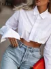 Vrouwen Blouses Shirts Bclout Mode Witte Crop Top 2023 Elegante Flare Mouwen Asymmetrie Zwart Streetwear Sexy Top Lente 230630