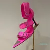 Sandálias de salto alto pontiagudas da moda com decoração de fivela de metal salto agulha festa rosa sapatos de salto alto 10 cm vestido jantar sapatos sandálias de designer de luxo