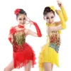 Scene Wear Girls Salsa Fringe Kids Dance Costume Sequin Dress Barn Barnens paljett Röd guldkjol Ballroom282V