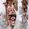 Abbigliamento etnico Donne sexy senza maniche con scollo a V Fiori Stampa Midi Abiti da ballo Orlo arricciato Abito aderente increspato Vestidos De Noche 254S