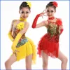 Traje de Palco Meninas Salsa Fringe Crianças Traje de Dança Vestido de Lantejoulas Infantil Infantil Saia de Lantejoulas Vermelho Dourado Salão de Baile263f