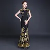 Female Flower Embroidery Formal Party Dress Black Exquisite Sequins Trim Novelty Cheongsam Long Elegant Chinese Banquet Gown Ethni187n