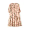 2023 Summer Pink Floral Print Silk Dress Short Sleeve Round Neck Knee-Length Casual Dresses W3L049208