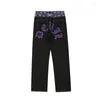 Jeansy męskie kwiaty nerkowca purple streetwearne punty punkowe hip hop liter