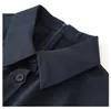 2023 Summer Dark Blue Solid Color midja bälte spetsklänning Kort ärm Lapel Neck-knappar Knälängd Casual klänningar W3L048709