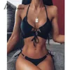 Sexiga baddräkter Kvinnor Bandage Bikinis Push Up Leopard Print String Justera ihåliga badkläder Solid Halter Bathing Suit T200713215I