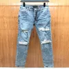 FALECTION MENS 21fw Jeans di alta qualità Distressed Jeans da motociclista da motociclista Skinny Slim Strisce strappate alla moda MX1 IRIDESCENT 223S