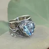 ZHIXUN винтажные кольца с синими кристаллами в форме сердца для женщин, античное серебро, цветная гравировка, роскошные темпераментные ювелирные аксессуары