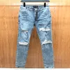 FALECTION MENS 21fw Jeans de alta qualidade Distressed Motorcycle biker jean Skinny Slim Ripped hole stripe Fashionable MX1 IRIDESCENT 255j