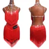 Sparkly Strass Latin Dance Jurken Voor Vrouwen S-L Rode Sexy Salsa Fringe Rok Avondjurk Ballroom Concurrentie Clothes288C