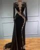 Arabic Aso Ebi Muslim Black Prom Dresses Lace Beaded Crystals Long Sleeve Evening Formal Party Second Reception Gowns