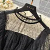 Casual Dresses Women New Fashion Lace Round Collar Stitching French Black Dress Short Sleeve Elegant Party Clothes Vestido Feminino 2023