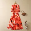 2023 Summer Orange Print Dress 1/2 Half Sleeve V-Neck Midi Casual Dresses A3L201537