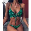 Sexiga baddräkter Kvinnor Bandage Bikinis Push Up Leopard Print String Justera ihåliga badkläder Solid Halter Bathing Suit T200713215I