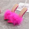 Sandals Summer Sexy Feather Woman Transparent Perspex High Heels Fur Stiletto Peep Toe Mules Lady Slides Shoes Rose