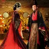 Asian Emperor queen Royal Palace wedding Gown Robe dress Chinese Ancient wedding Hanfu Long Costume Black Red bride groom Outfit235h