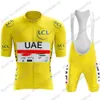 Cykeltröja sätter 2023 UAE Team Set Tadej Pogacar TDF Clothing Yellow White Road Bike Shirt Suit Bicycle Bib Shorts Maillot 230701