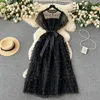 Casual Dresses Women New Fashion Lace Round Collar Stitching French Black Dress Short Sleeve Elegant Party Clothes Vestido Feminino 2023