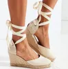 2024 760 Sandaler High Heels Women Espadrilles Wedge Ankle Strap Summer Canvas Platform Wedges Fashion Lace Up S