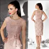 Blush Pink Guaina in pizzo Abiti per la madre della sposa Lunghezza al ginocchio Perline Sash Scollo rotondo Manica ad aletta Abiti da sera formali corti trasparenti M015