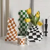 Vaser Creative Home Decor Ceramic Flower Arts Ceramics Checkered Living Room Salon Decoration Pots Tall Vase 230701