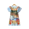 2023 Summer Black / Blue Floral Print Beaded Sequins Cotton Dress Sleeve Round Neck Ruffle Short Casual Dresses S3Q020628 Plus Size XXL