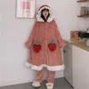 Women's Sleepwear Women Pajamas Cute Strawberry Suit Flannel Warm Hooded Nightgown Girls Home Service Winter Long Bathrobe