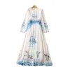 2023 Automne Blanc Bleu Chérie Oiseaux Imprimer Taille Élastique Coton Robe À Manches Longues Col Rond Longue Maxi Robes Décontractées S3Q020628 Plus La Taille XXL