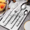 Serviser Set Marmor Handtag Rostfritt stål Silver Servis Western servis Steak Kniv Gaffel Dessertsked Bestick Köksredskap x0703