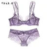 Conjunto de cueca com sutiã vazado Renda transparente Conjunto de lingerie sexy ultrafino bordado feminino tamanho grande Conjuntos de sutiã e calcinha roxa Y202808