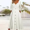 Vestidos casuales para mujer de manga larga Midi otoño vestido con cuello en V botón verano A-line con bolsillos fiesta Dropship