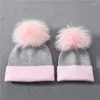 Berets Mommy And Me Beanie Mützen Winter Damen Kinder Mädchen Jungen Baby Kaschmirwolle gestrickt mit süßem Fellbommel Warm weich