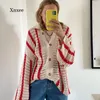 Women's Sweaters Winter Crochet Oversized Cardigan Striped Autumn Cute Retro Sweater Knitted Long Beautiful Red