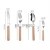 Dinnerware Sets Japanese Style Stainless Steel Cutlery Wooden Handle Vintage Tableware Dinnerware Spoon Fork Knife for Home Kitchen Gadgets x0703