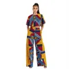 Etniska kläder Två stycken Set Africa Clothes African Dashiki Fashion Flower Print Suit Top Trousers Super Elastic Party for Women 215s