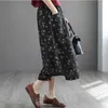 Skirts 2023 Spring Arts Style Women Elastic Waist Loose Long A-line Skirt Vintage Print Casual Cotton Linen Top Quality V738